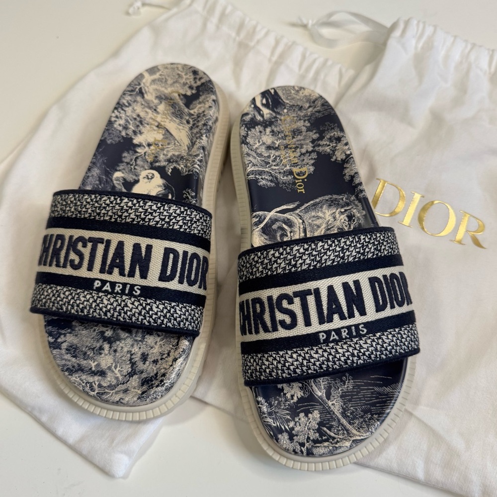 Christian Dior Dway Navy and Cream Slides Sandals